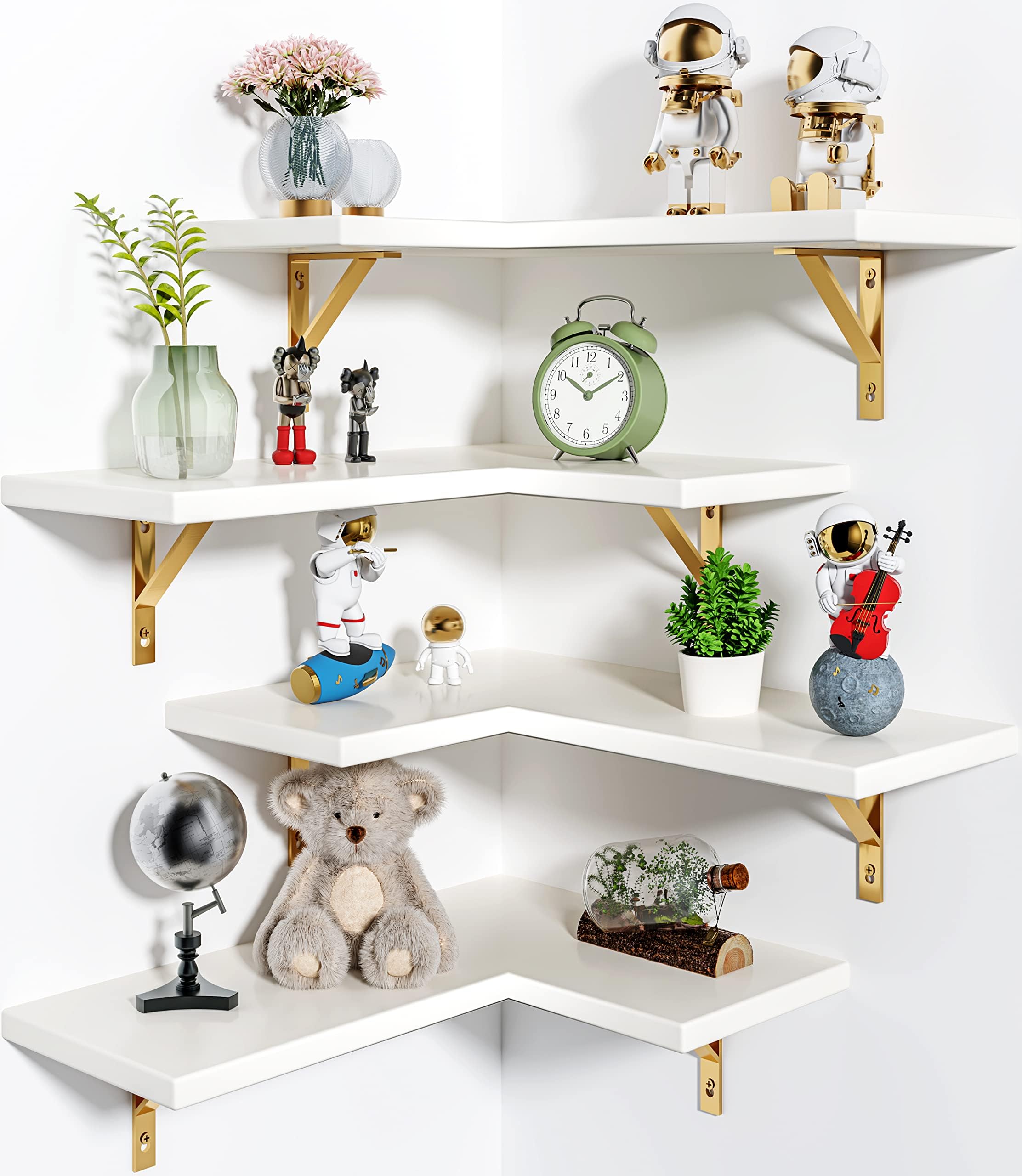 Photo 1 of Corner Shelf Wall Mounted, Set of 4, Corner Floating Shelves, Corner Wall Shelf, Corner Hanging Shelf for Living Room, Kitchen and Bedroom (White Gold, 16.3 Inches)