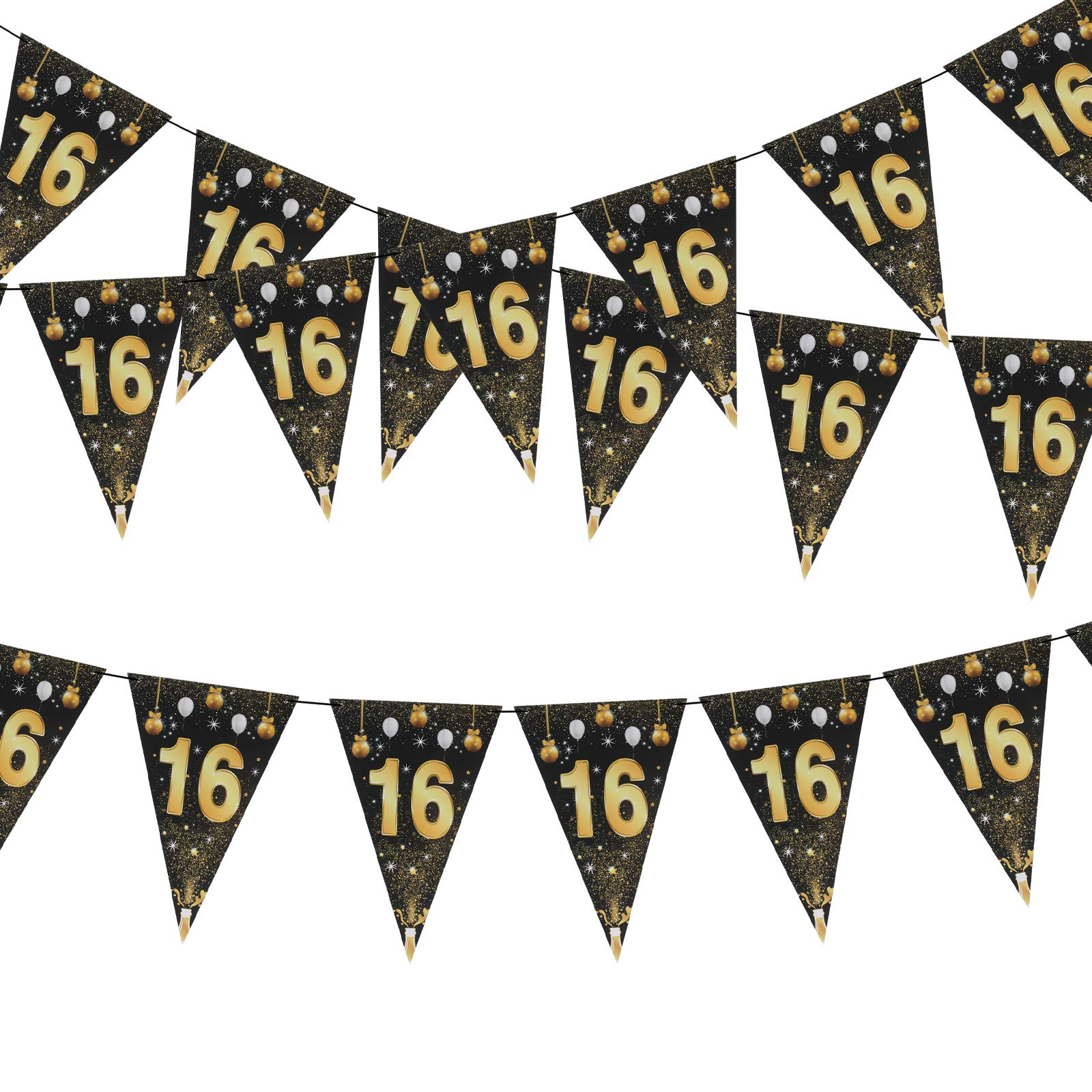 HAKOTOM 16th Birthday Bunting Happy 16th Birthday Party Decorations Black and Gold Glitter 16 Year-old Decoration for Boys Girls 16th Birthday Party Supplies, 2 Strings