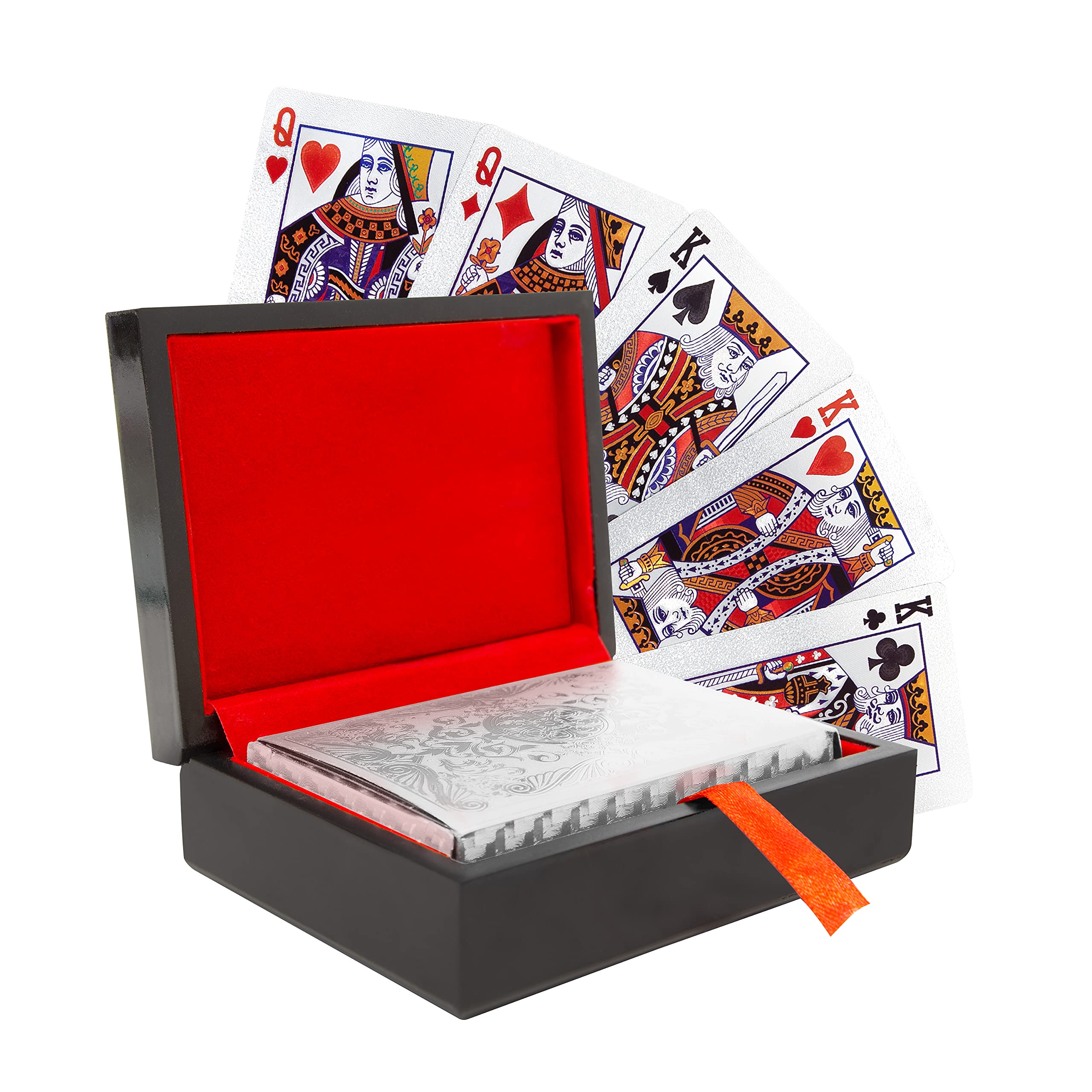Global Gizmos 51309 Silver Plated Playing Card Set/Stylish Foil Effect/Deluxe Wooden Box/Family Game Night