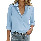 Zeagoo Womens Cotton Linen Button Down Shirts Loose Fit Long Sleeve Collared Blouse Casual V Neck Tops Outfits S-3XL