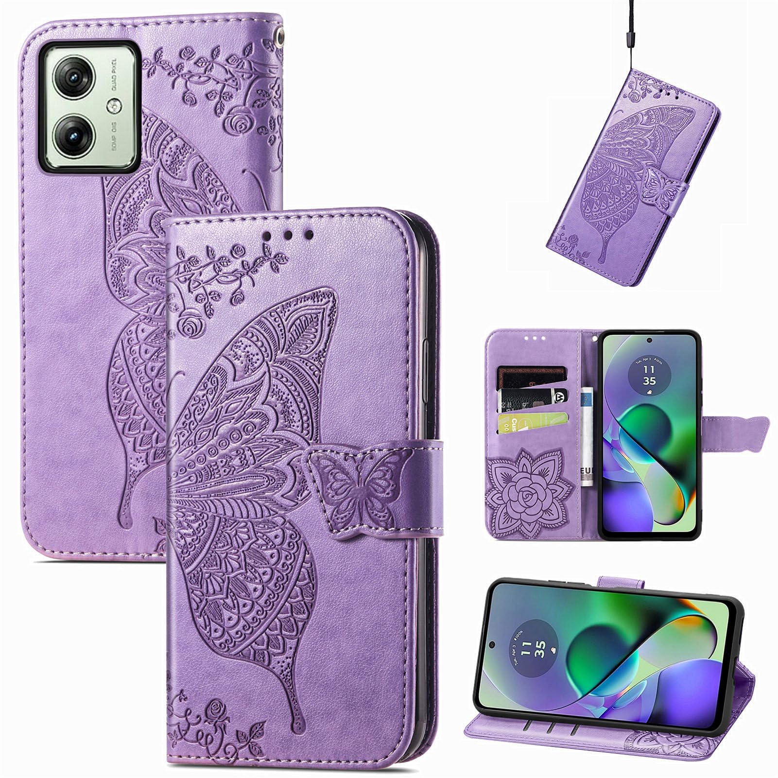 JIUNINE Case for Motorola Moto G54 5G, Leather Wallet Case Flip Cover with Butterfly Embossed Pattern [Card Holder] [Magnetic Closure] [TPU Inner Shell] for Motorola Moto G54 5G, Purple