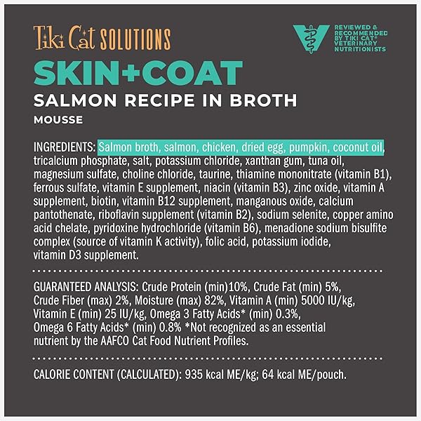 TIKI CAT SOLUTIONS MOUSSE SKIN & COAT MOUSSE, SALMON RECIPE, SPECIALLY FORMULATED WITH OMEGA FATTY ACIDS, FUNCTIONAL WET CAT FOOD FOR ADULT CATS, 2.4 OZ. POUCH (12 COUNT)