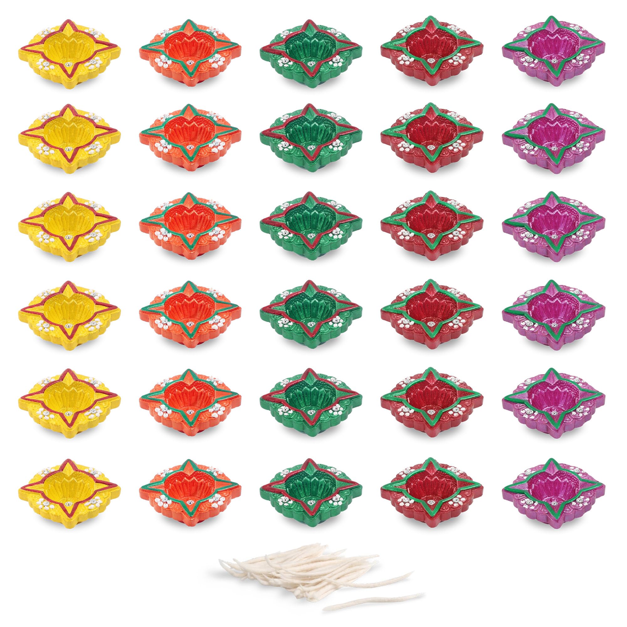 KSJONE Handmade Colorful Earthen Clay Handpainted Diyas for Diwali Pooja Festival Decoration Lights for Diwali Home Indoor Outdoor Decor with Cotton Wicks (Set of 12)
