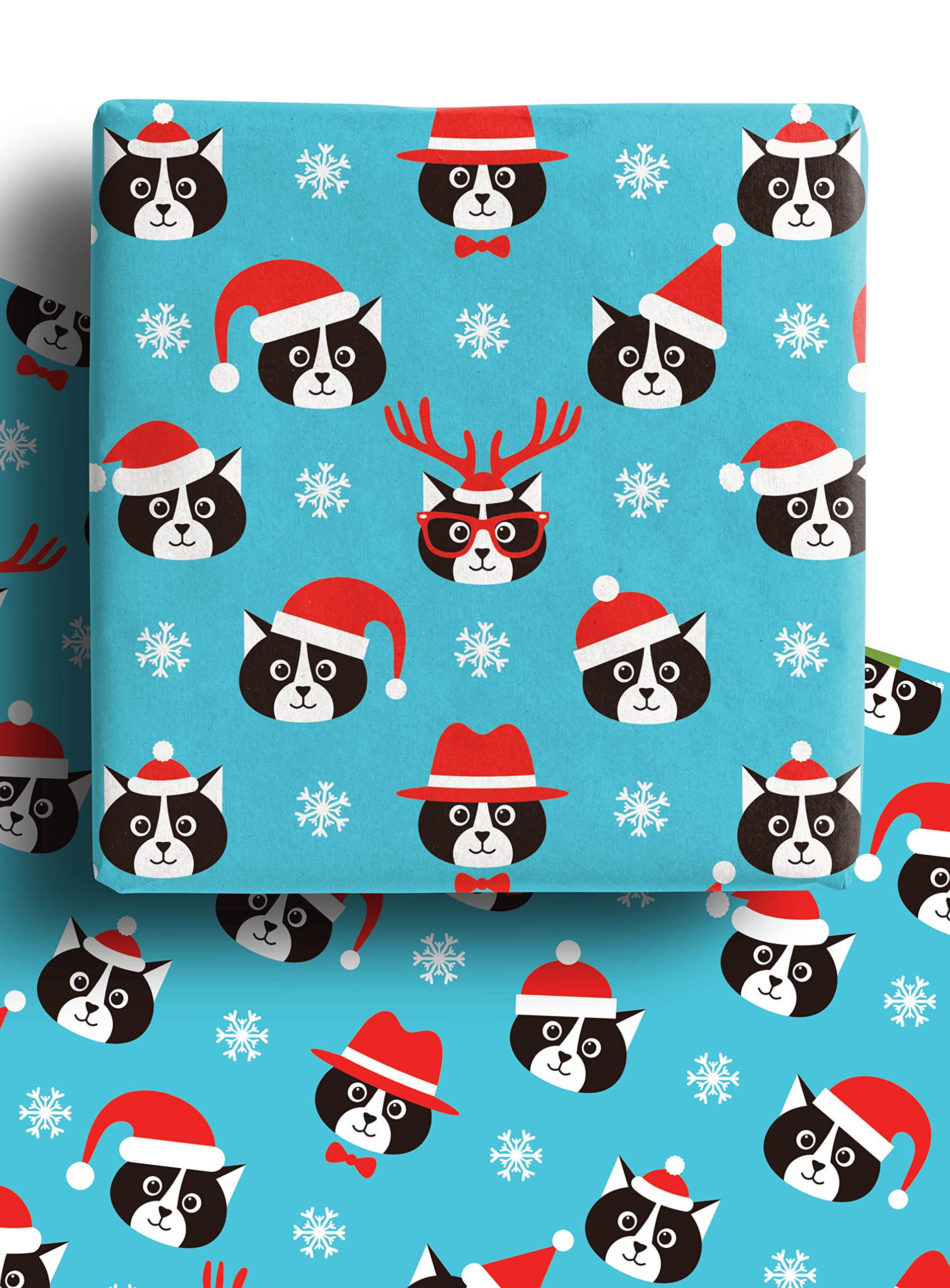 4 x Cat Christmas Wrapping Paper Sheets - Premium Recyclable Xmas Gift Wrap 70cm x 50cm Made in the UK from 100% Recycled Paper - Pet Safe