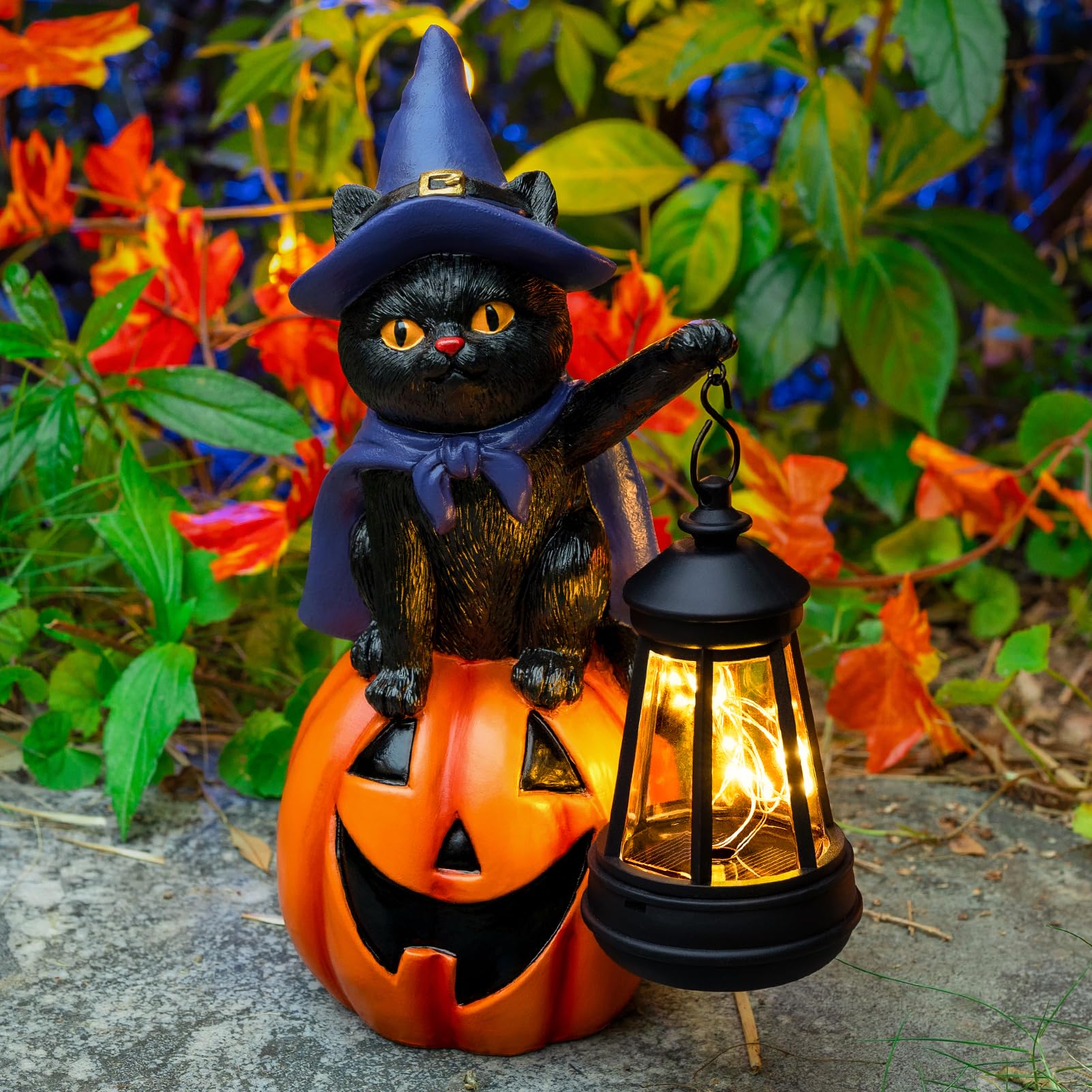 Photo 1 of WONDHOME Halloween Black Cat Decor Solar Cat Garden Statues Sit On Pumpkin with LED Lantern Halloween Fall Outdoor Decorations for Porch Patio Yard Lawn Holiday Gardening Gifts for Women