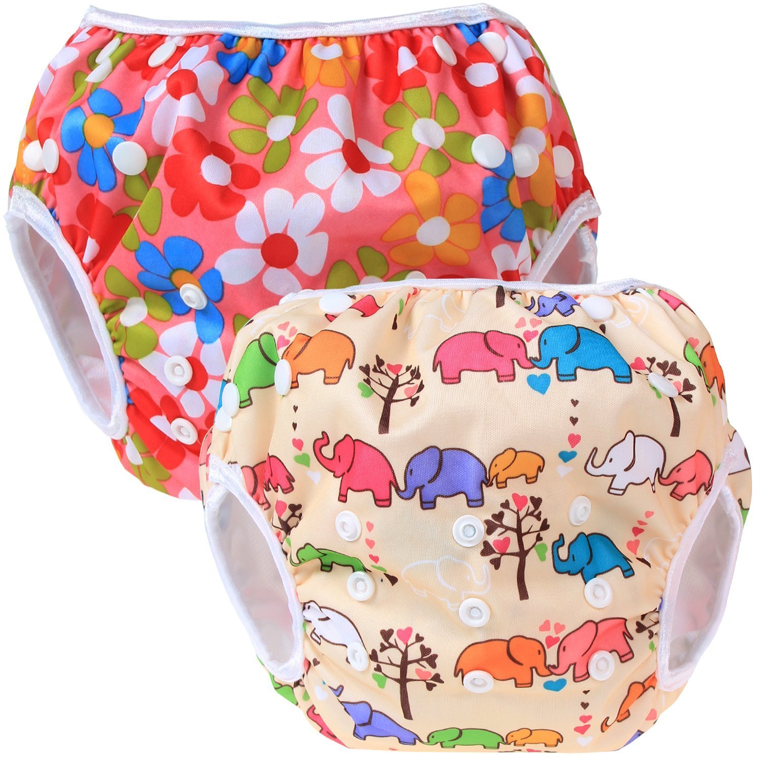 Teamoy 2 baby swimming trunks, comfortable, washable and adjustable, ideal for swimming lessons or holidays Flowers Pink+ Elephants