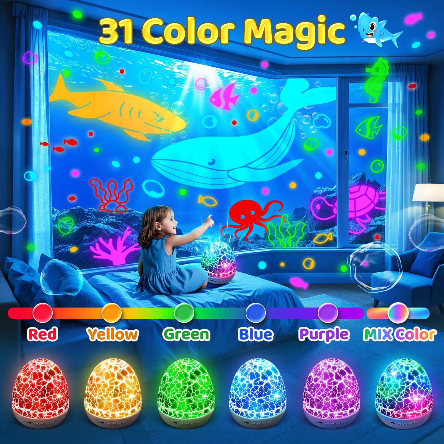 Baby Sound Machine Night Light Projector | 15 Sleeping Sounds & 3D Films | 31Colors & Remote Control | Autism Toys Night Light for Kids, Baby White Noise Machine, Baby Boy Toys, Egg Light for Nursery