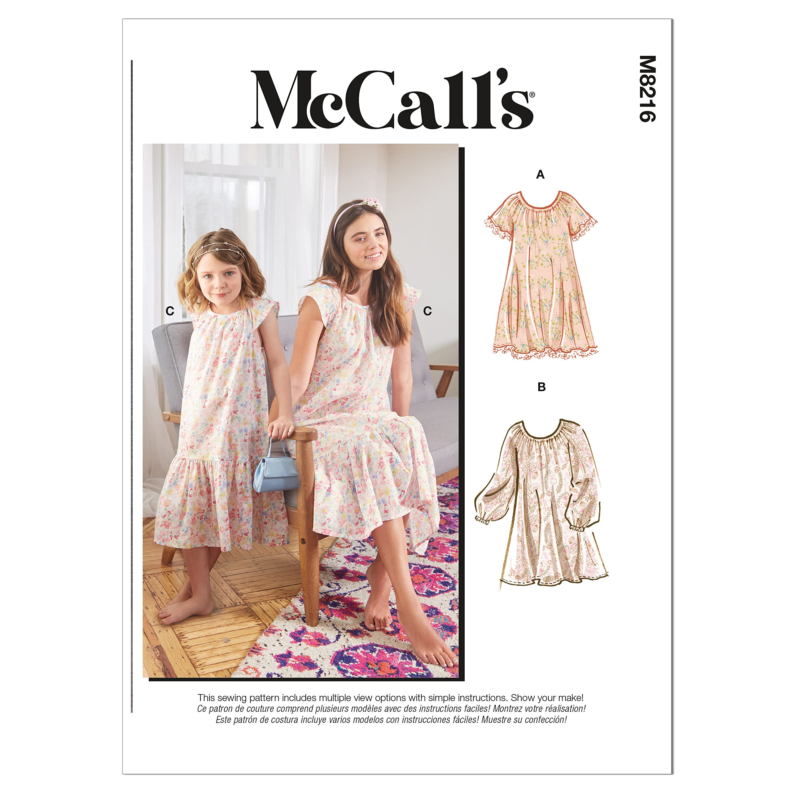 McCalls Sewing Pattern M8216A A (3-4-5-6-7-8, XS-S-M-L-XL Misses' & Children's Dresses, Multi Colour