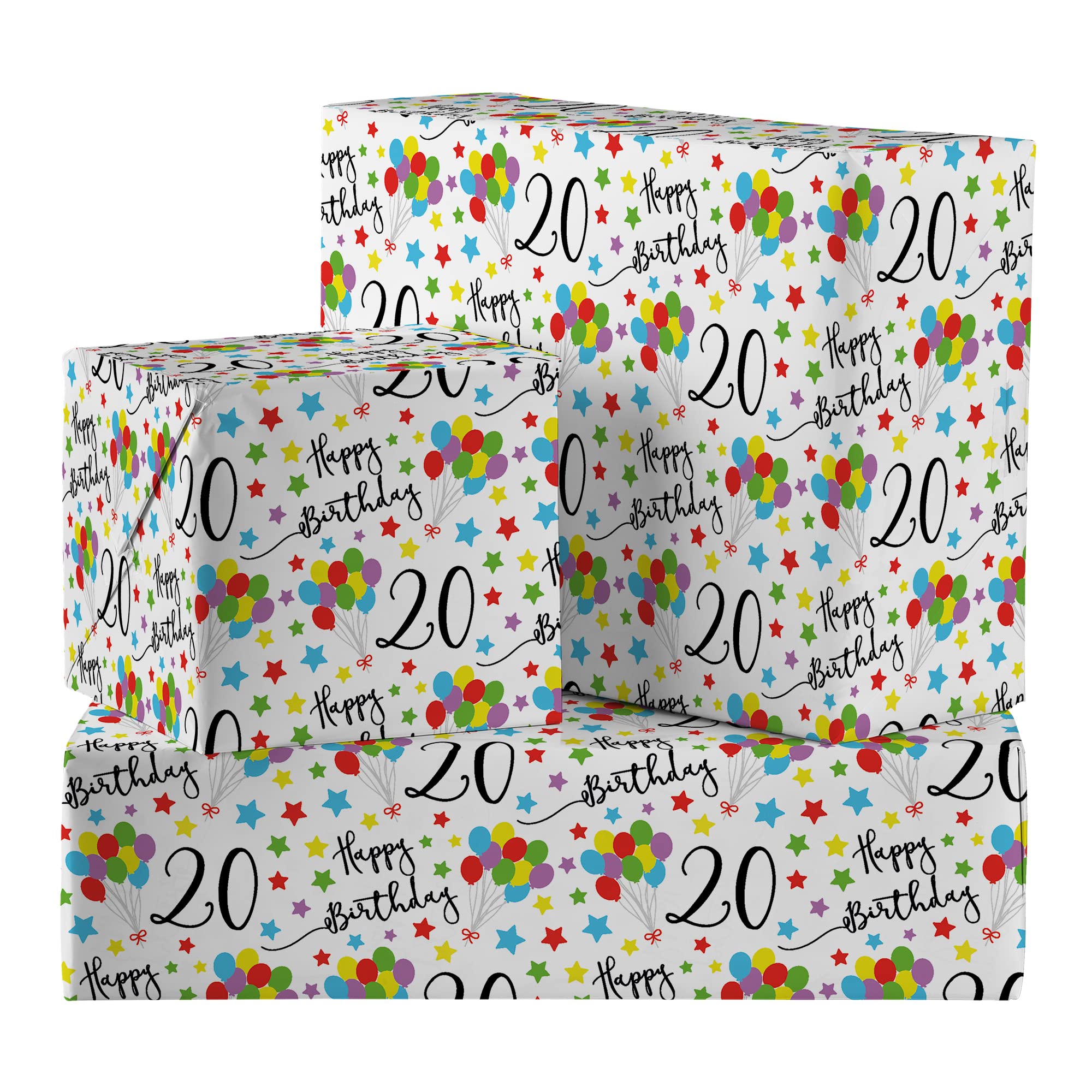 Hunts England - 2 Sheets Of 20th Birthday Luxury Wrapping Paper - Includes 2 Gift Tags - Age 20 Folded Gift Wrap For Him/Her - Iconic Collection - Colourful Age Twenty Gift Wrap For Men/Women