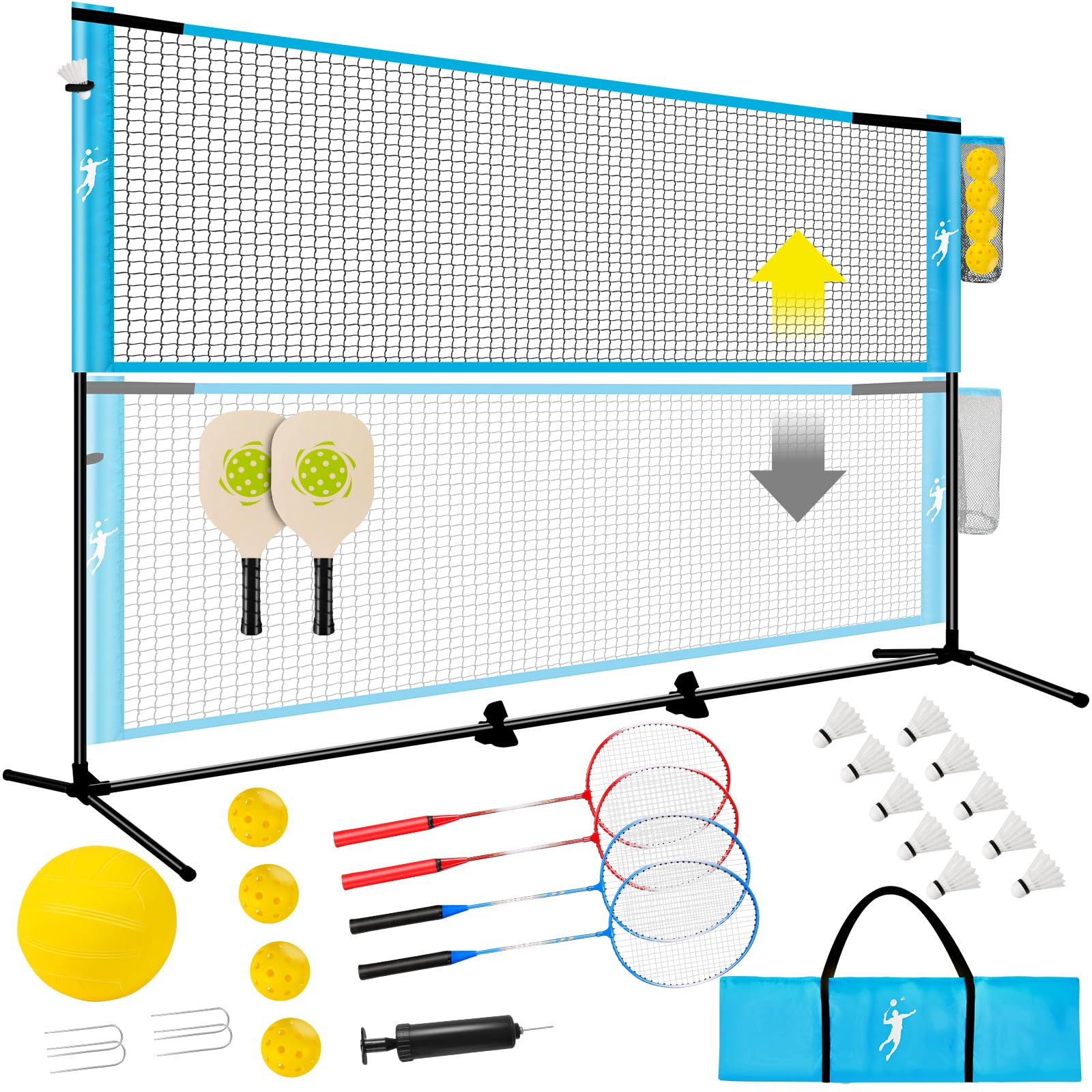 Photo 1 of Pickleball Badminton Net Set for Backyards, All-in-One Portable Volleyball Combo Set with Adjustable Net, Volleyball Pickleball Paddles & Badminton Rackets for Indoor Outdoor