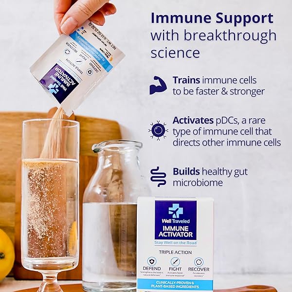 WELL TRAVELED IMMUNE ACTIVATOR, NATURAL DRINK MIX FOR IMMUNE SUPPORT & GUT HEALTH, PREBIOTICS, POSTBIOTICS, VITAMIN C, VITAMIN D, ZINC, NO ADDED SUGAR, SCIENCE BACKED, LEMON FLAVOR, 10 COUNT