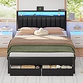 Furnulem Queen Bed Frame with Charging Station and LED Lights, Grey Upholstered Headboard with Shelves, Metal Platform Bed with 2 Under-Bed Storage (Fabric Drawer on Wheels), No Box Spring Needed
