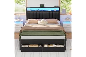 Furnulem Queen Bed Frame with Charging Station and LED Lights, Grey Upholstered Headboard with Shelves, Metal Platform Bed with 2 Under-Bed Storage (Fabric Drawer on Wheels), No Box Spring Needed