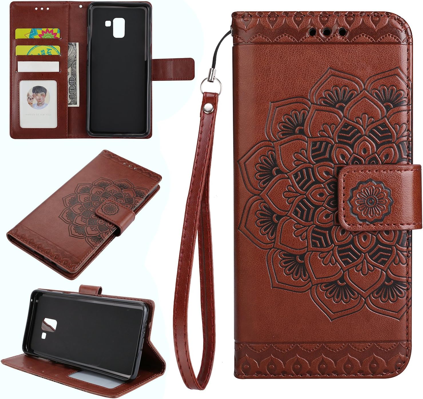Lomogo Samsung Galaxy A8+ (A8 Plus) 2018/A730 Case [Half Flower], Leather Wallet Case with Kickstand Card Holder Shockproof Flip Case Cover for Samsung Galaxy A8+ (A8Plus) 2018 - LOHHA10410 Brown