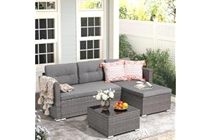 JOIVI Outdoor Patio Furniture Sets, All Weather Outdoor Sectional Patio Sofa, Wicker Rattan Outdoor Couch Patio Set with Cushions, Tempered Glass Table, 3-Piece Outdoor Seating Sofas (Silver-Gray)