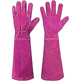 HANDLANDY Ladies Thorn Proof Gardening Gloves, Long Gauntlet Heavy Duty Garden Gloves, Elbow Length Women Leather Rose Pruning Glove (Large, Rosy)