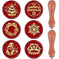 CRASPIRE 8Pcs Christmas Wax Seal Stamp Set 6 Style Vintage Removable Brass Stamp Head 2pcs Wood Handle for Xmas Wedding Invit