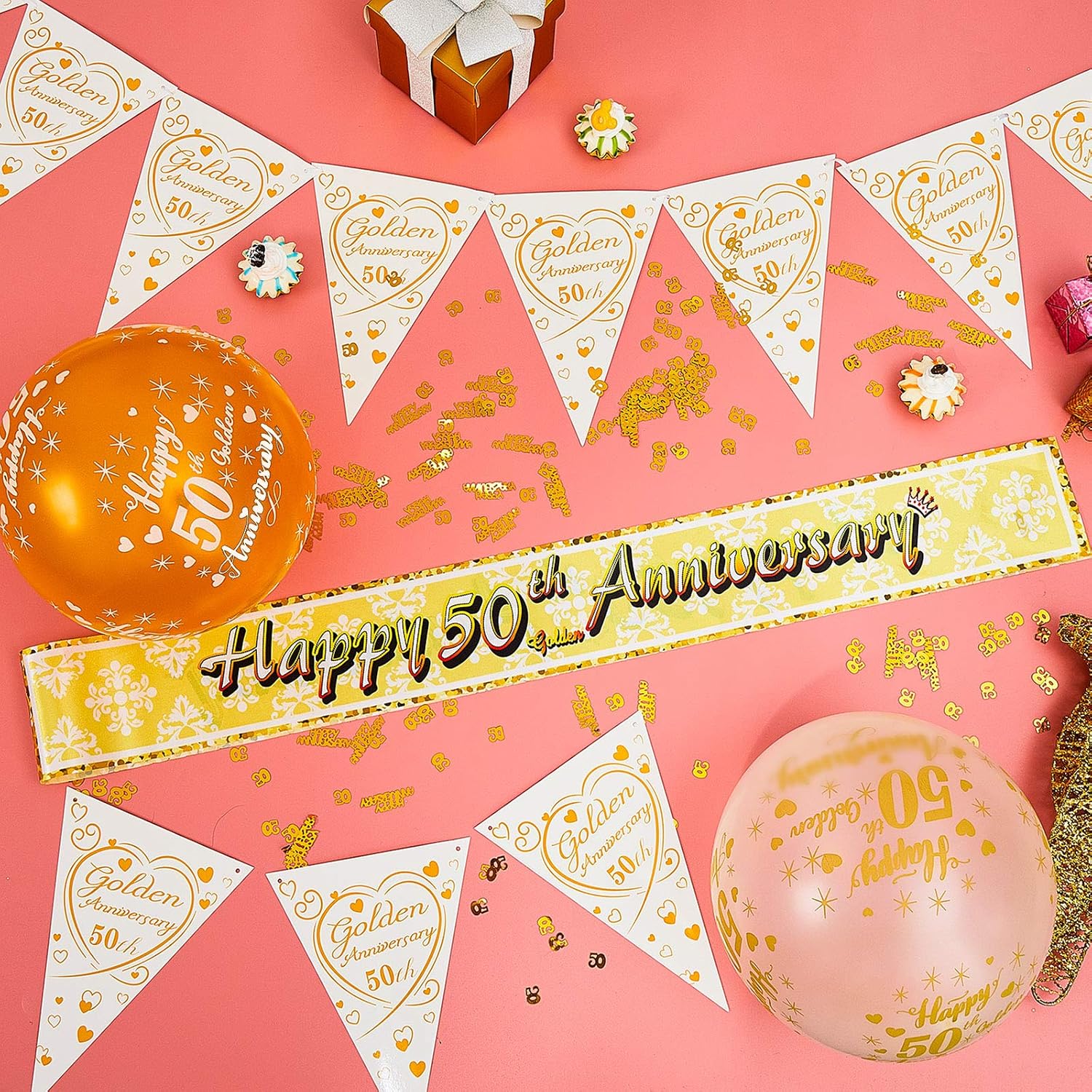 25 Pieces 50th Anniversary Decorations Set Include Happy Golden 50th Anniversary Balloons, Golden Wedding Anniversary Banner Flag, Sash Bunting and Confetti for 50th Wedding Anniversary Party Decor - Image 5