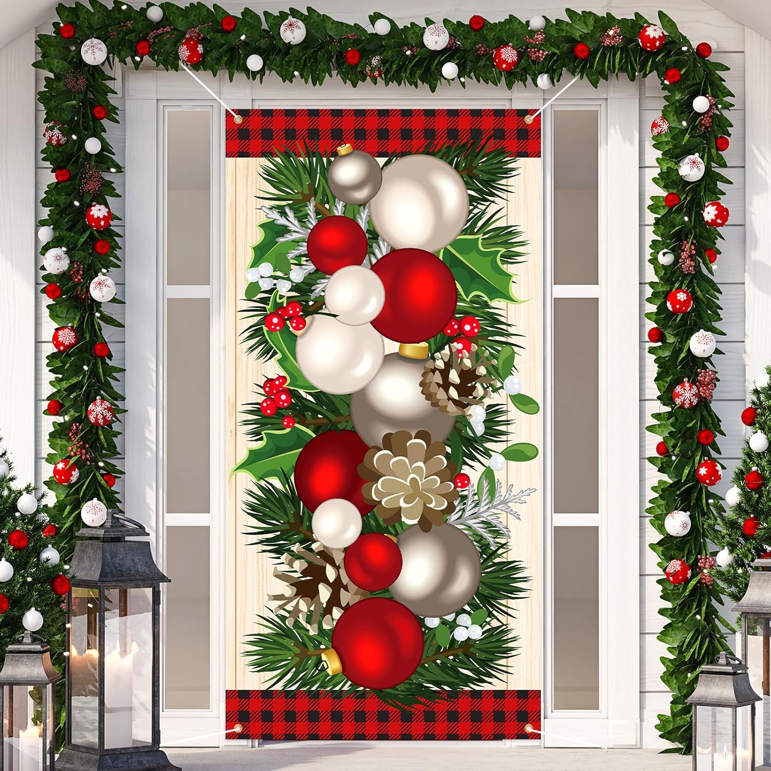 Garage Door Decorations - Buryeah Christmas Door Cover Front Door Banner Backdrop Merry Christmas Tree Door Decor Xmas Festival Holiday Fabric Backdrop Door Cover for Outdoor Party Supplies, 70.9 x 35.4 Inch (Ball Ornament)