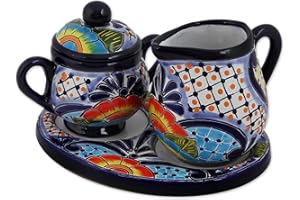 NOVICA Artisan Handmade Ceramic Creamer Sugar Bowl Set Talavera 3 Pieces Multicolor Mexico Tableware Serveware Coffee Tea Service Hacienda Nat Geo Decor [creamer 4.3in L x 4.2in W x 4.1in H 14 Oz. Su]