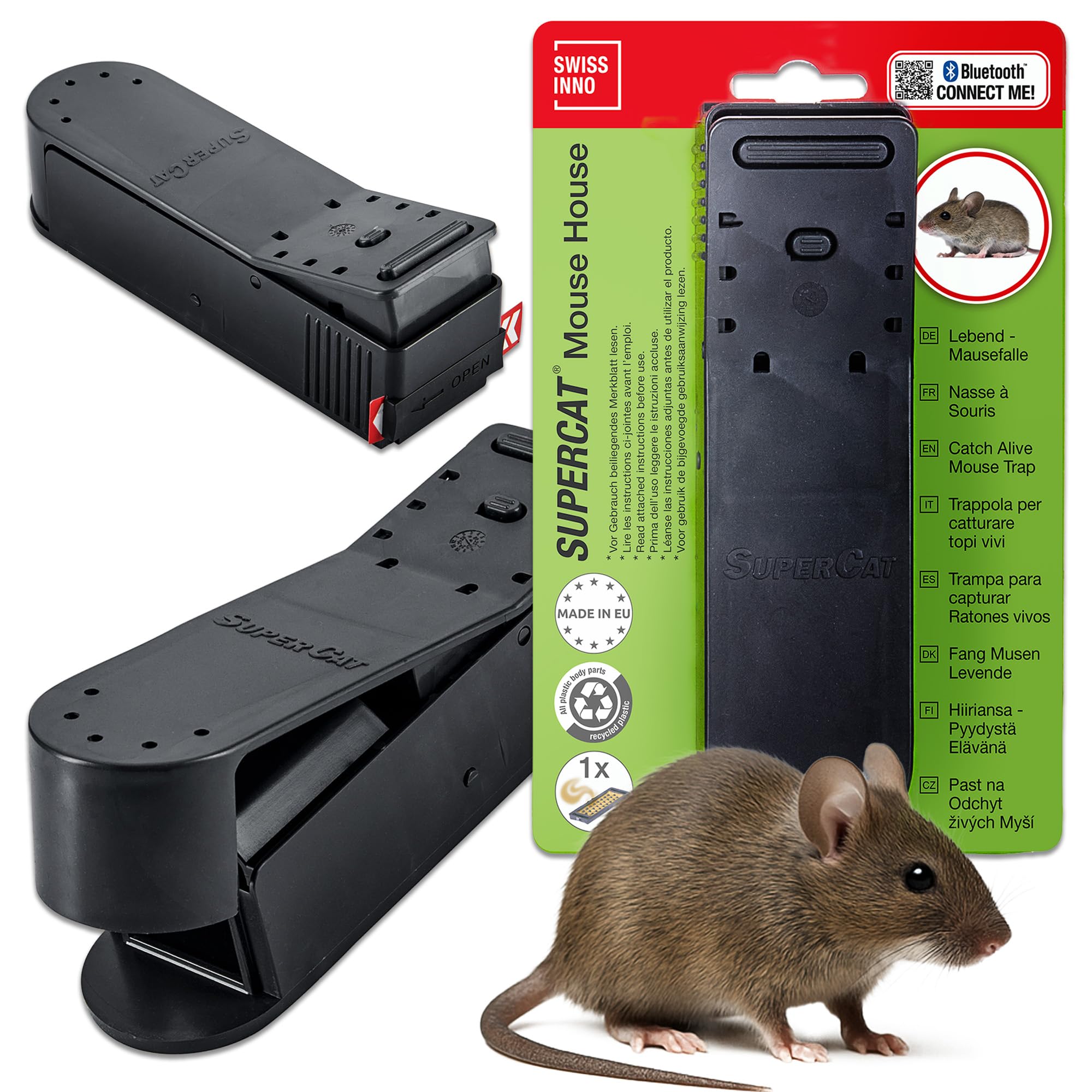 SWISSINNO Catch Alive Mousetrap – Pre-Baited with Peanut Butter Bait – Reusable Live Mouse Trap – Humane Capture without Harm – Robust Swiss Design for Indoor and Outdoor Use
