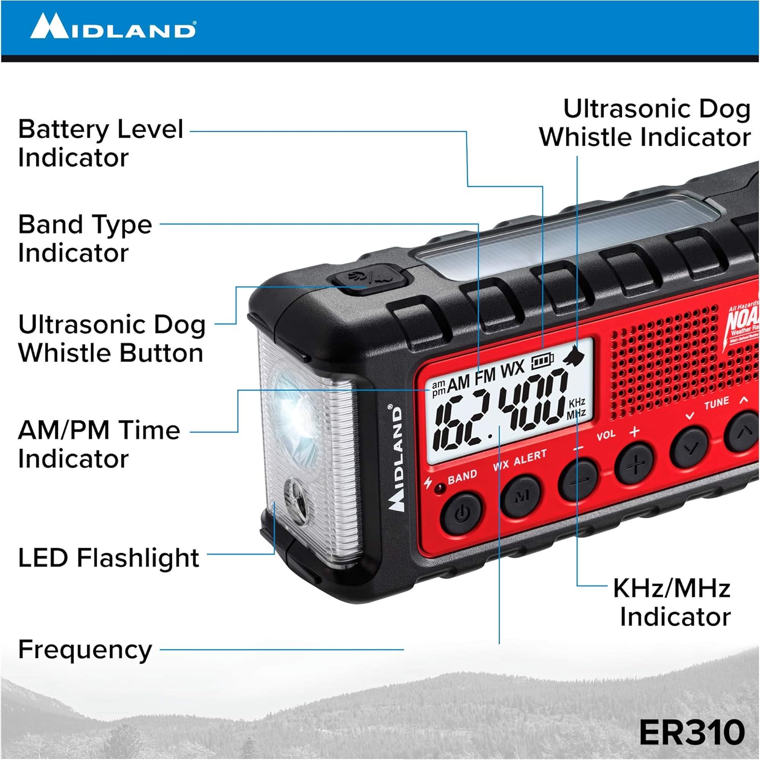 Midland - ER310, Emergency Crank Weather AM/FM Radio - Multiple Power Sources, SOS Emergency Flashlight, Ultrasonic Dog Whistle, NOAA Weather Scan + Alert (Red/Black): Home Audio & Theater