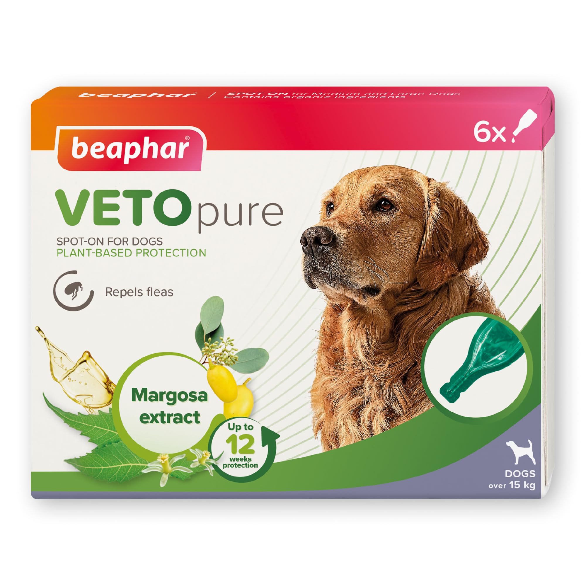 Beaphar – VETOpure Flea Spot On for Dogs over 15kg, 3 pipettes – Plant-Based Protection – Repels Fleas for up to 4 Weeks – Pack Provides up to 12 Weeks Protection – Contains Margosa