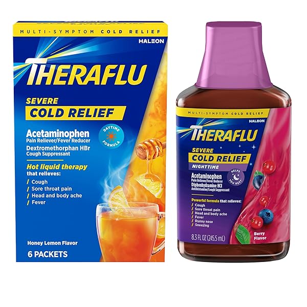 THERAFLU COMBO NIGHTTIME SEVERE COLD RELIEF SYRUP, BERRY FLAVOR, 8.3 FL OZ & THERAFLU DAYTIME SEVERE COLD RELIEF POWDER, HONEY LEMON FLAVOR, 6 CT
