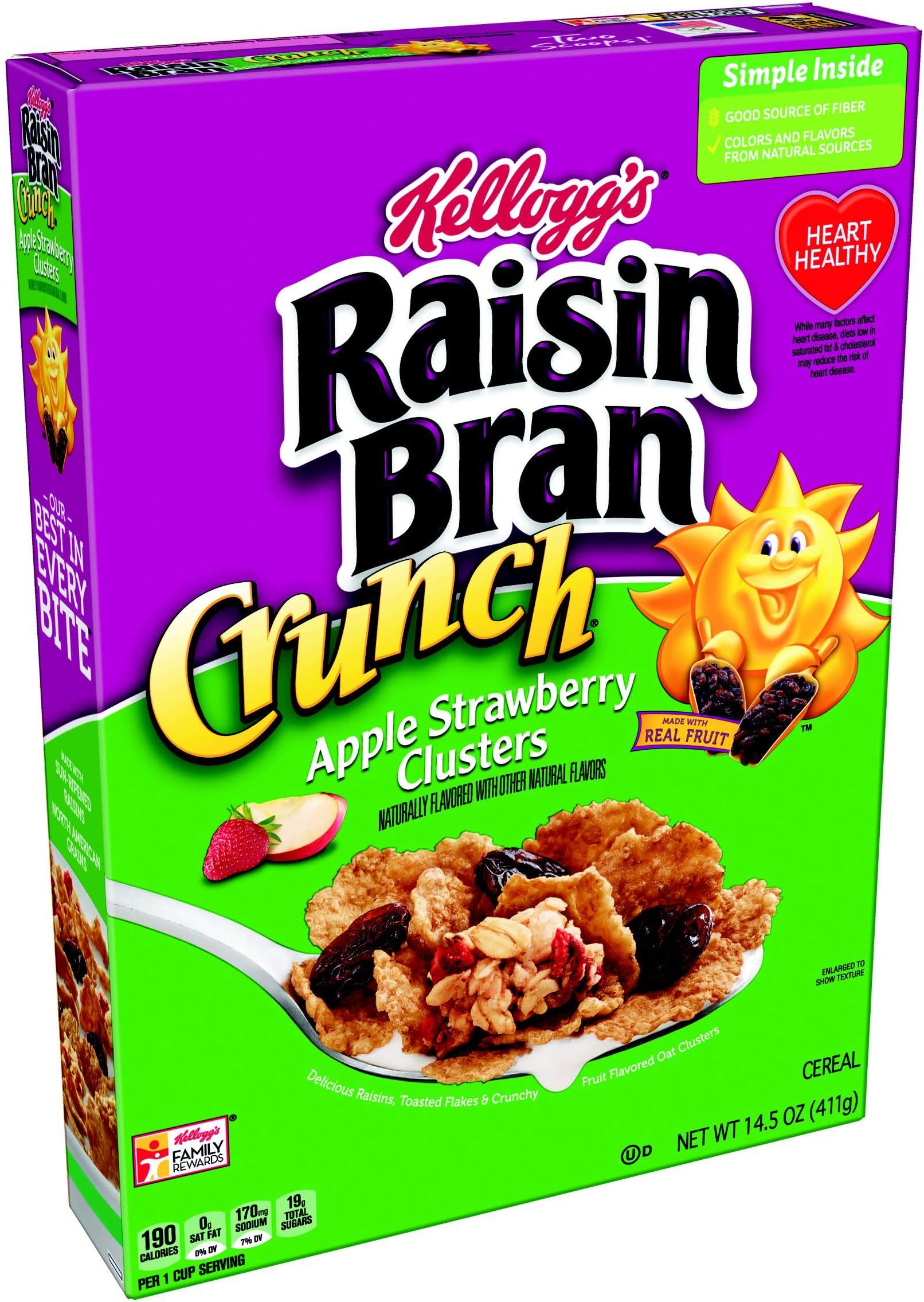 Kellogg's Raisin Bran Crunch, Breakfast Cereal, Apple Strawberry, Good Source of Fiber, 14.5 oz Box