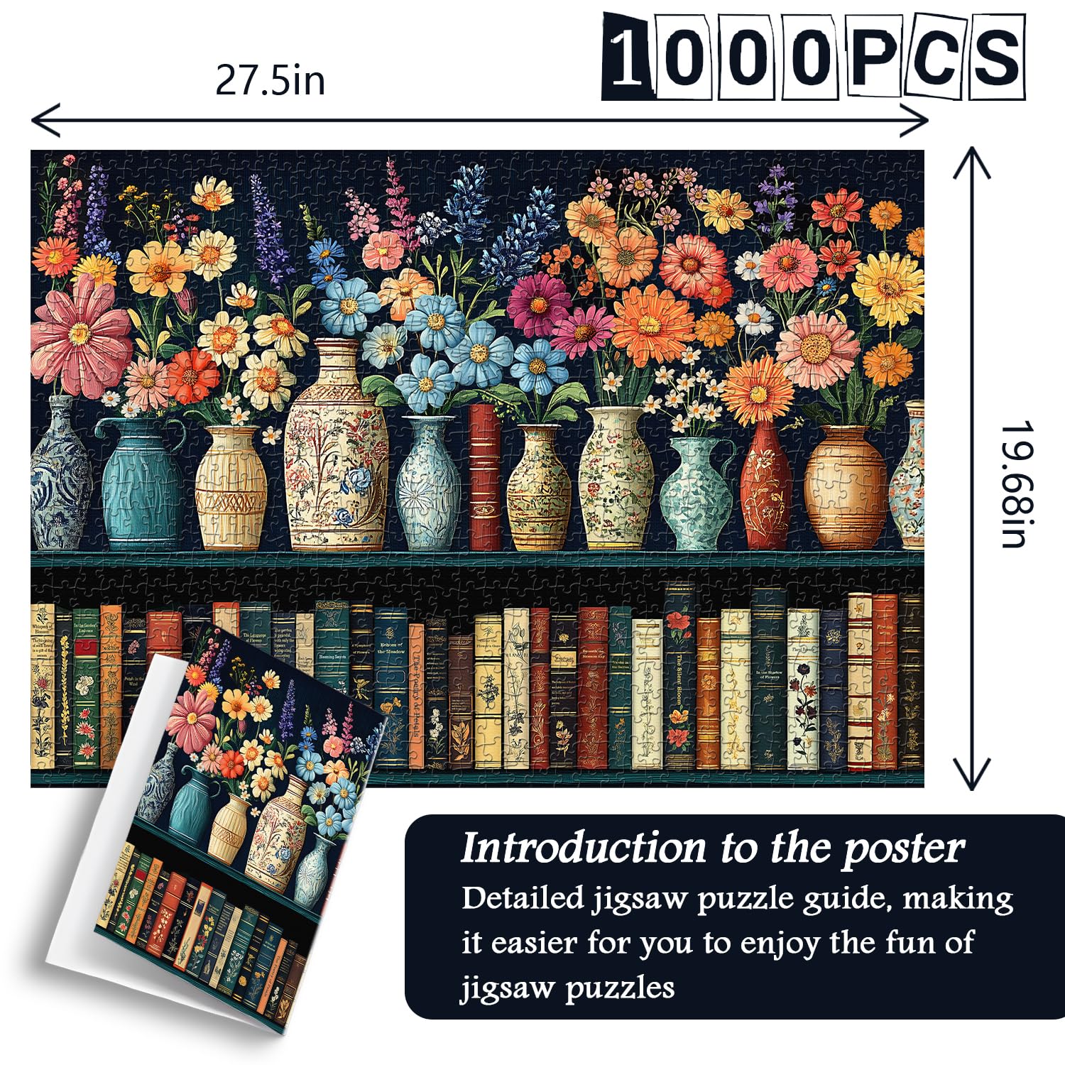 Wildflower Puzzles for Adults 1000 Pieces, PICKFORU Vintage Flower Book Puzzle, Wildflower Pages Jigsaw Puzzle for Book Lover, Floral Art Bookshelf Library Puzzles