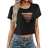 Remidoo Women’s Distressed Crop Top Short Sleeve Cut Out Punk Rock Ripped Cropped T Shirts
