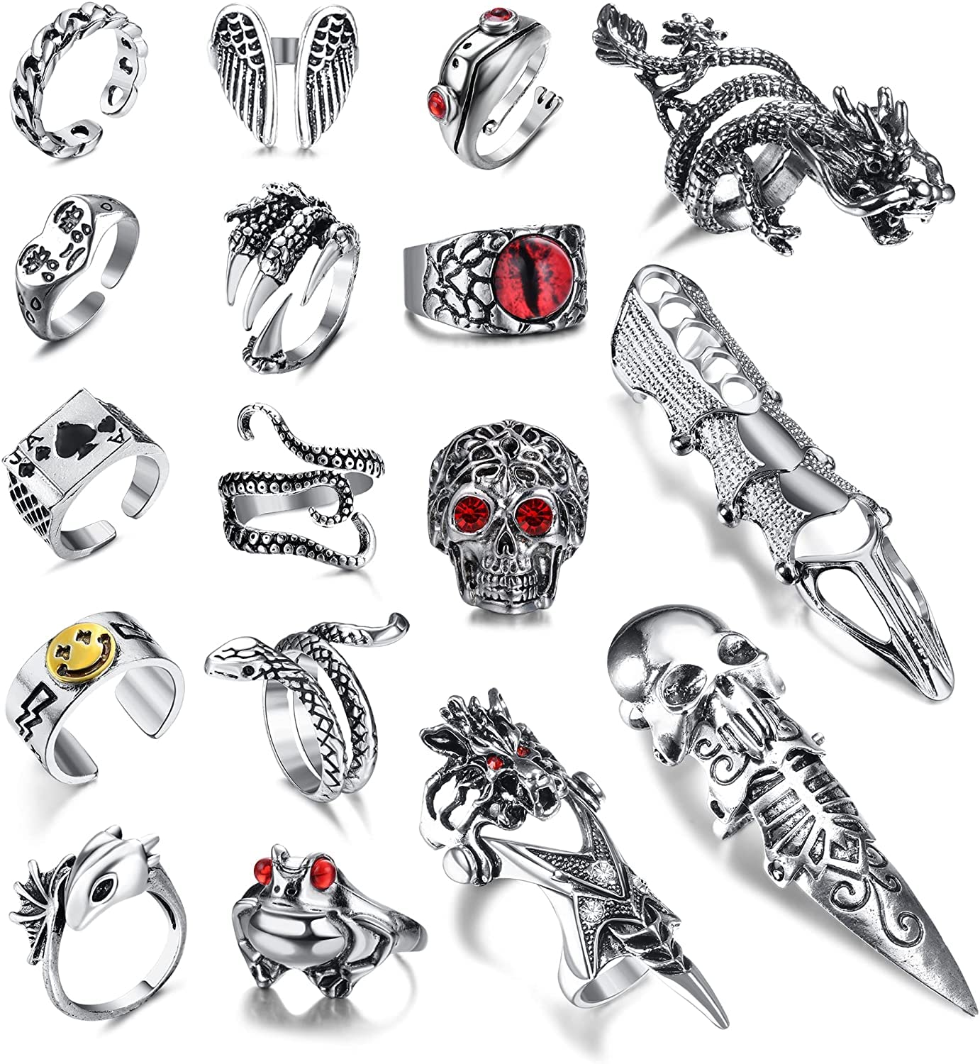 Milacolato Vintage Punk Ring Gothic Open Rings Set for Men Women, Snake Men, Boho Rings, Stackable Frog Bat Spider Dragon Snake Adjustable Cool Rings（16-17Pcs） (MLU-H-R00231-style2)