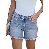 luvamia Jean Shorts for Women Mid Rise Trendy Stretchy Crossover Waist Denim Shorts Raw Hem Casual Summer Pockets