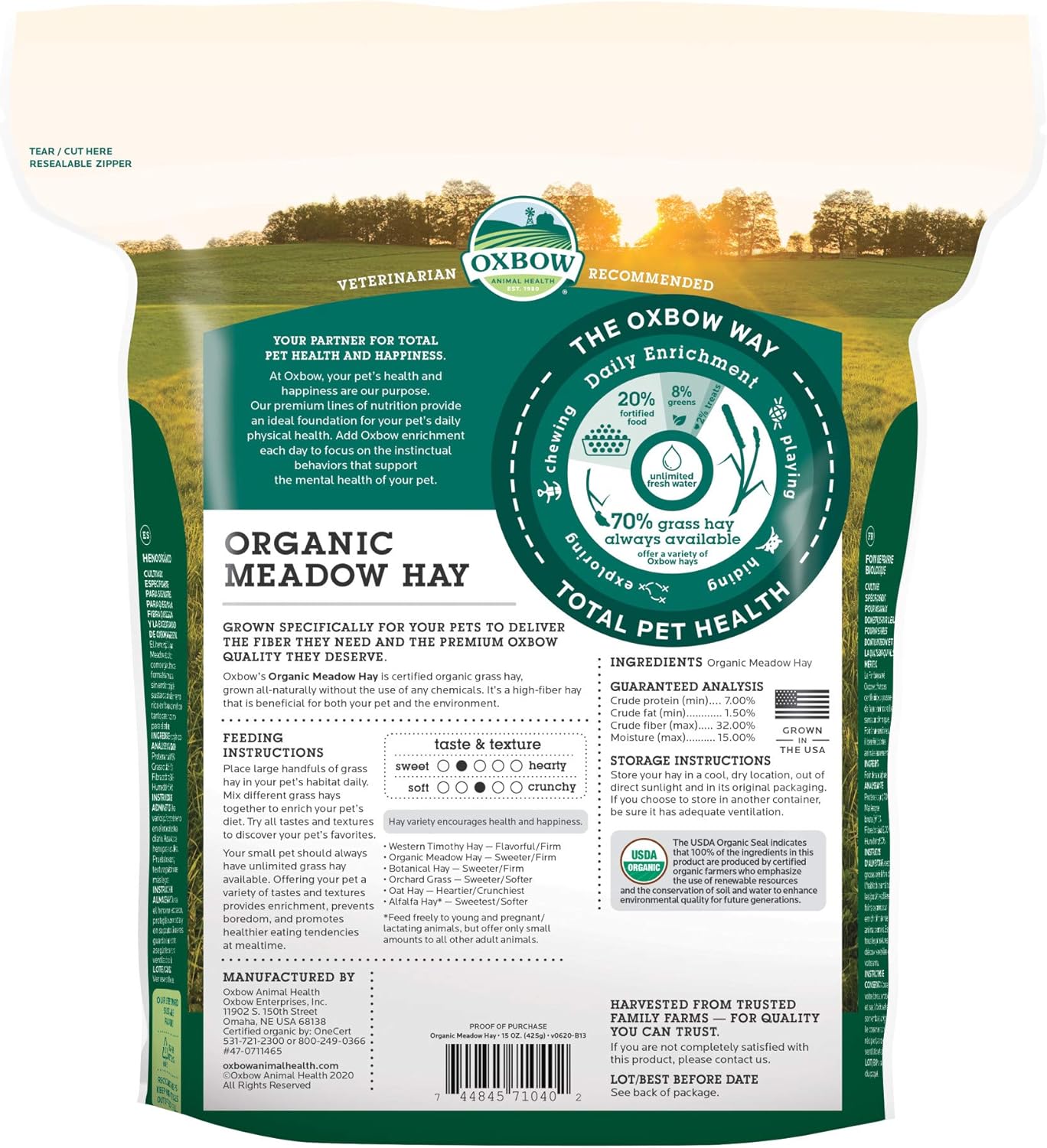 Oxbow Animal Health Meadow Hay - All Natural Hay for Rabbits, Guinea Pigs, Chinchillas, Hamsters & Gerbils - 15 oz.: Pet Supplies