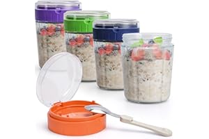 EONJOE Overnight Oats Containers with Lid and Spoon - 16oz Glass Mason Jars for Meal Prep, Yogurt,Pudding- Set of 4