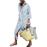 Womens Shirt Dresses Striped Lapel 3/4 Sleeve Maxi Dress Button Down Split Belted