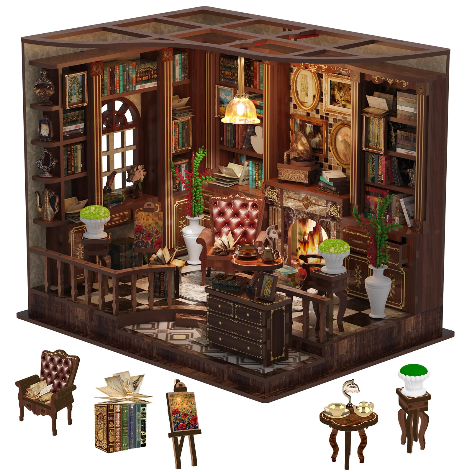 3DVASE Book Nooks for Adults, DIY Miniature Dollhouse Book Nook Kit, Model Kits Craft Kits for Adults, 3D Wooden Puzzle Book Nook Craft Bookshelf Decor, Adult Craft Kits Gift with Led Light