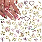 RODAKY 52PCS Pink Nail Charms Heart Rhinestone Gems Valentine's Day Charms for Nails Gold Butterfly Bows Charms for Nails Star Rhinestones Jewelry Decoration for Manicure Design