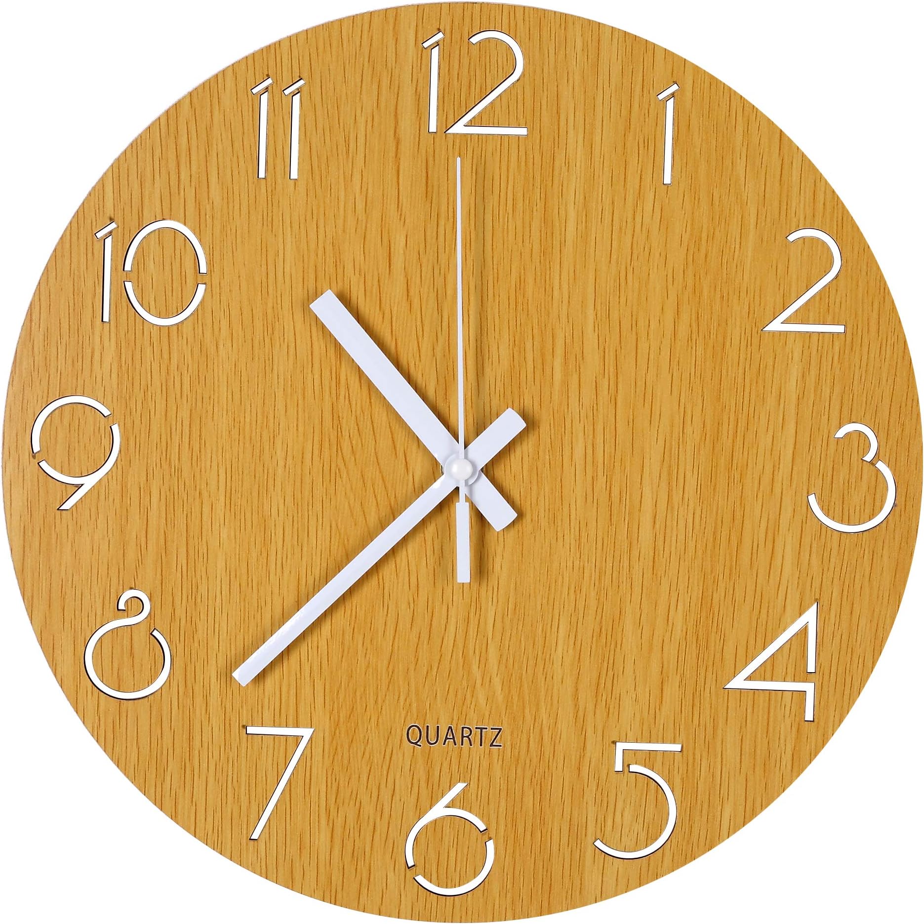 Tiords 12 inch Wooden Indoor Silent Sweeping Quartz Round Decorative Non-Ticking Battery Operated Wall Clock, Wood Color