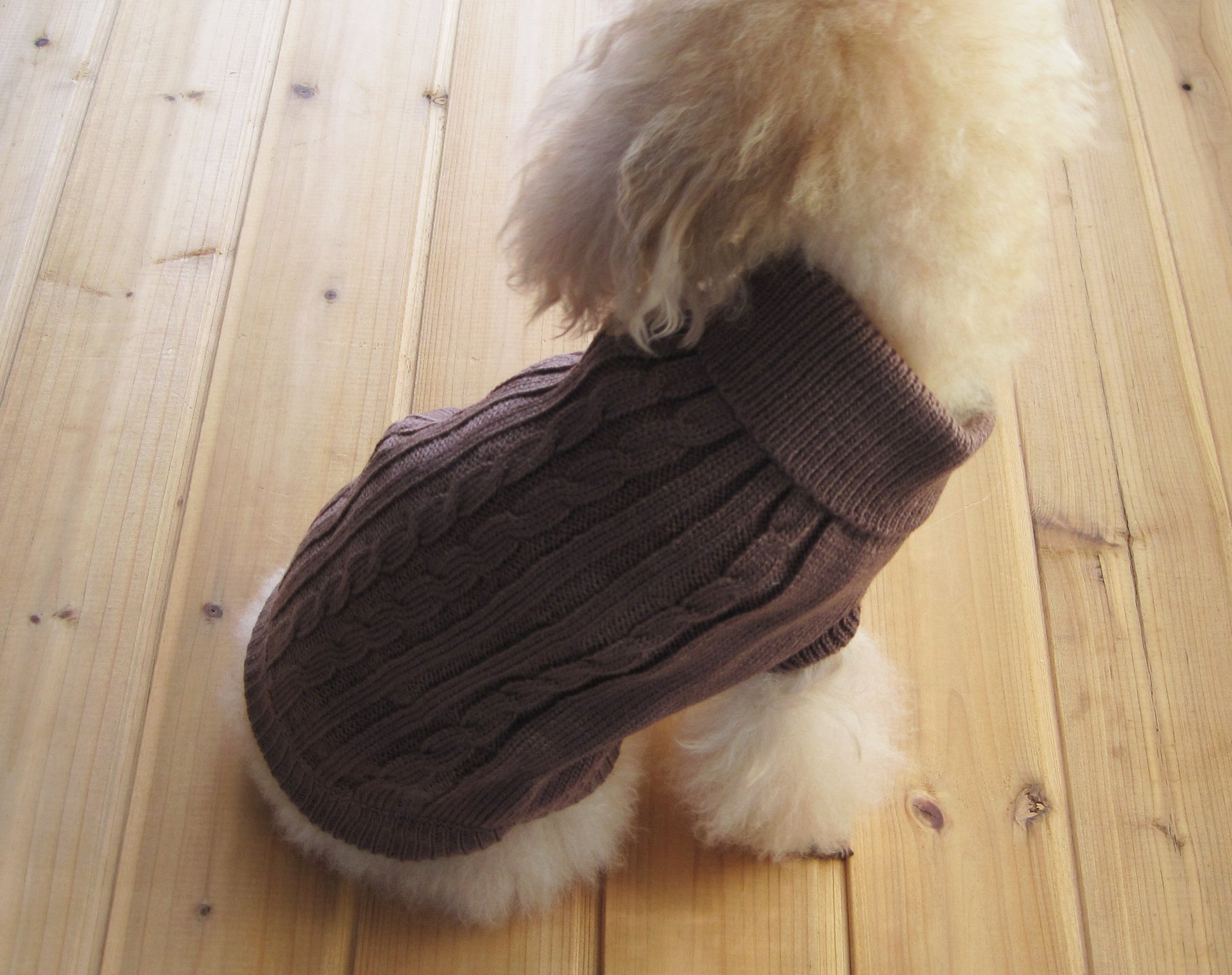 FAMI Small Dog Pullover Sweater, Dog Outfits, Cold Weather Cable Knitwear, Classic Turtleneck Thick Warm Clothes for Chihuahua, Bulldog, Dachshund, Pug, Yorkie (Brown,Medium)