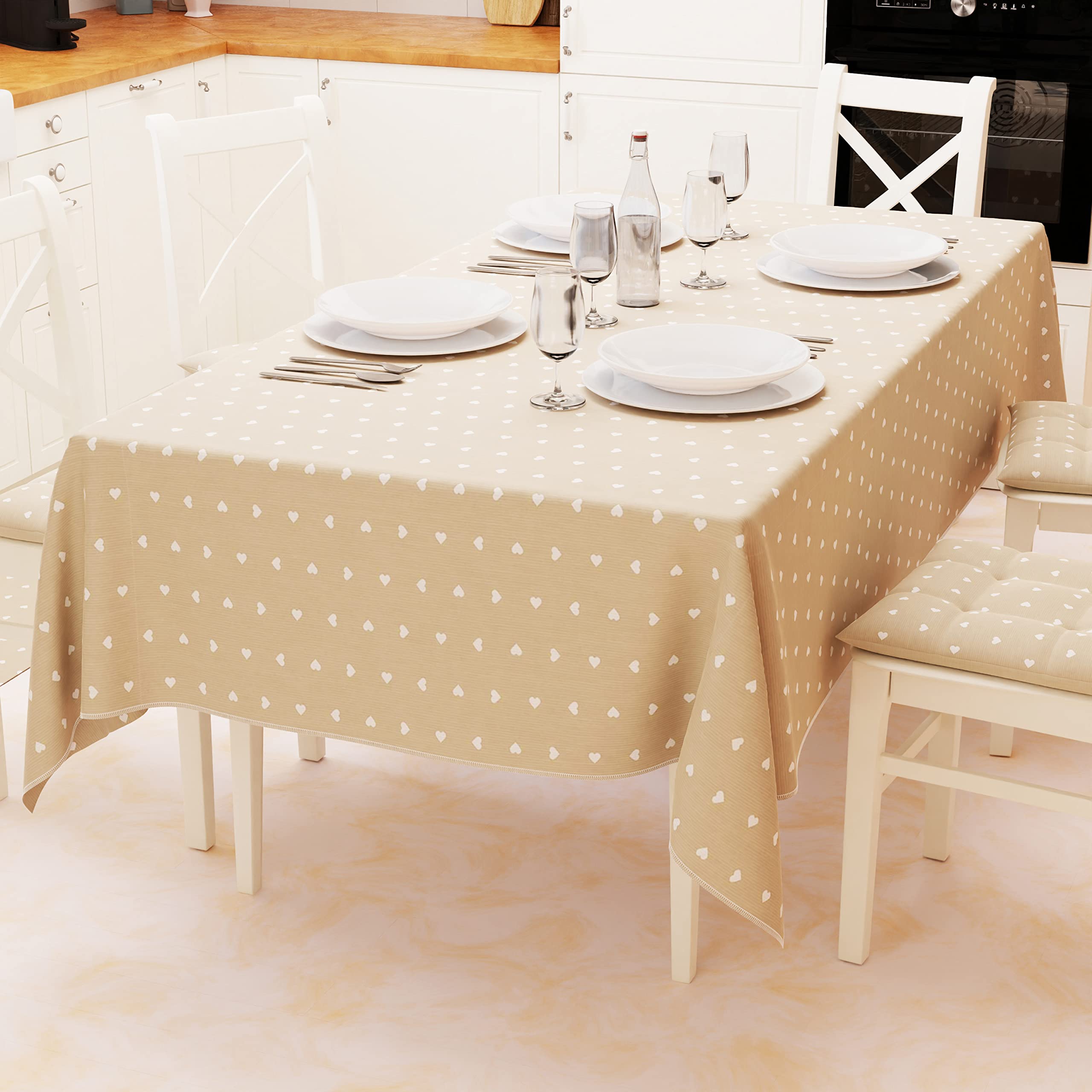 PETTI Artigiani Italiani - Table cloth, tablecloth, tablecloth for the kitchen made of cotton, heart design, beige X24 places (140 x 450 cm), 100% made in Italy