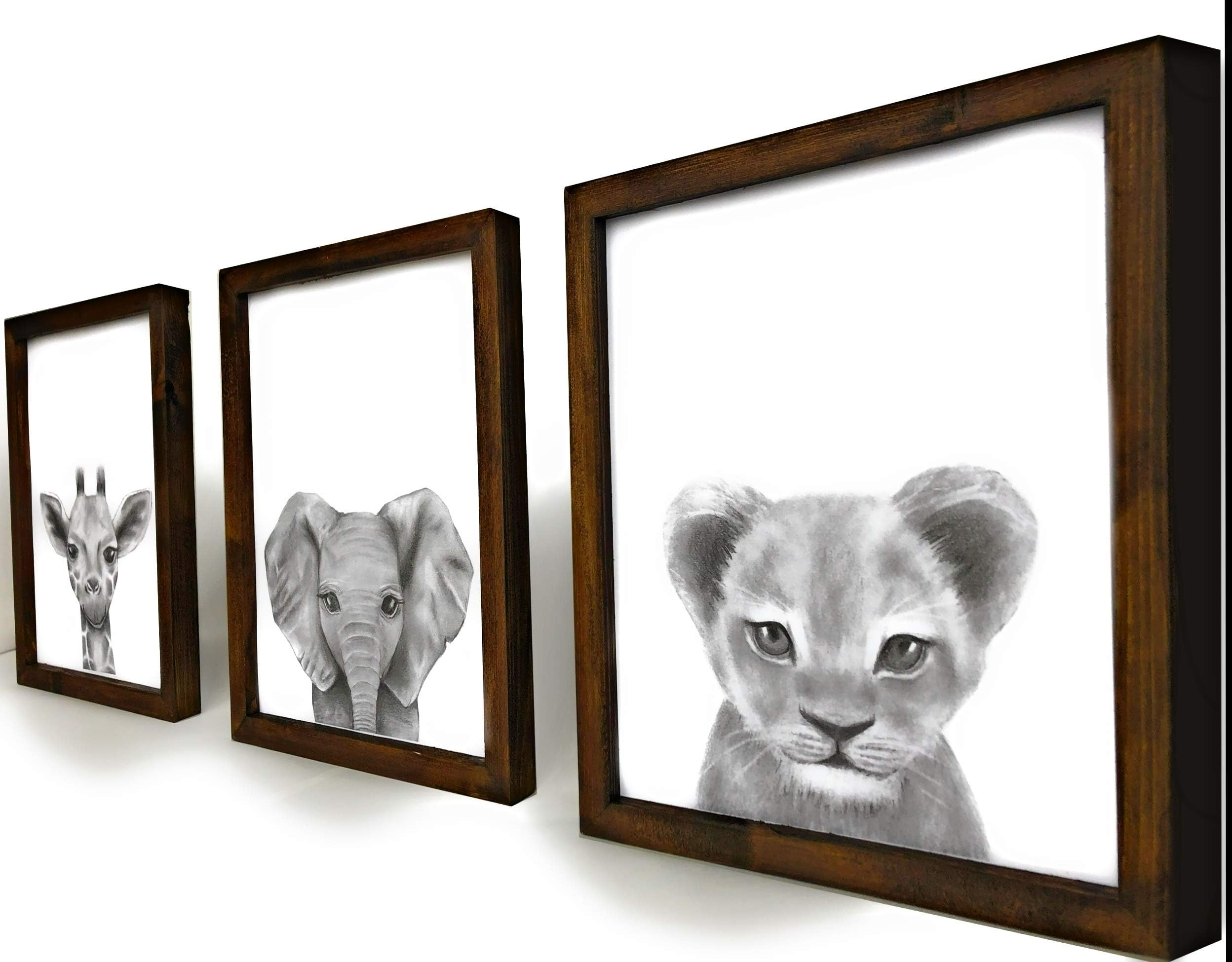 Set of 3 Framed Baby Woodland Safari Animal Rustic Nursery Decor (Safari Walnut Stained Frame, 11"x14")