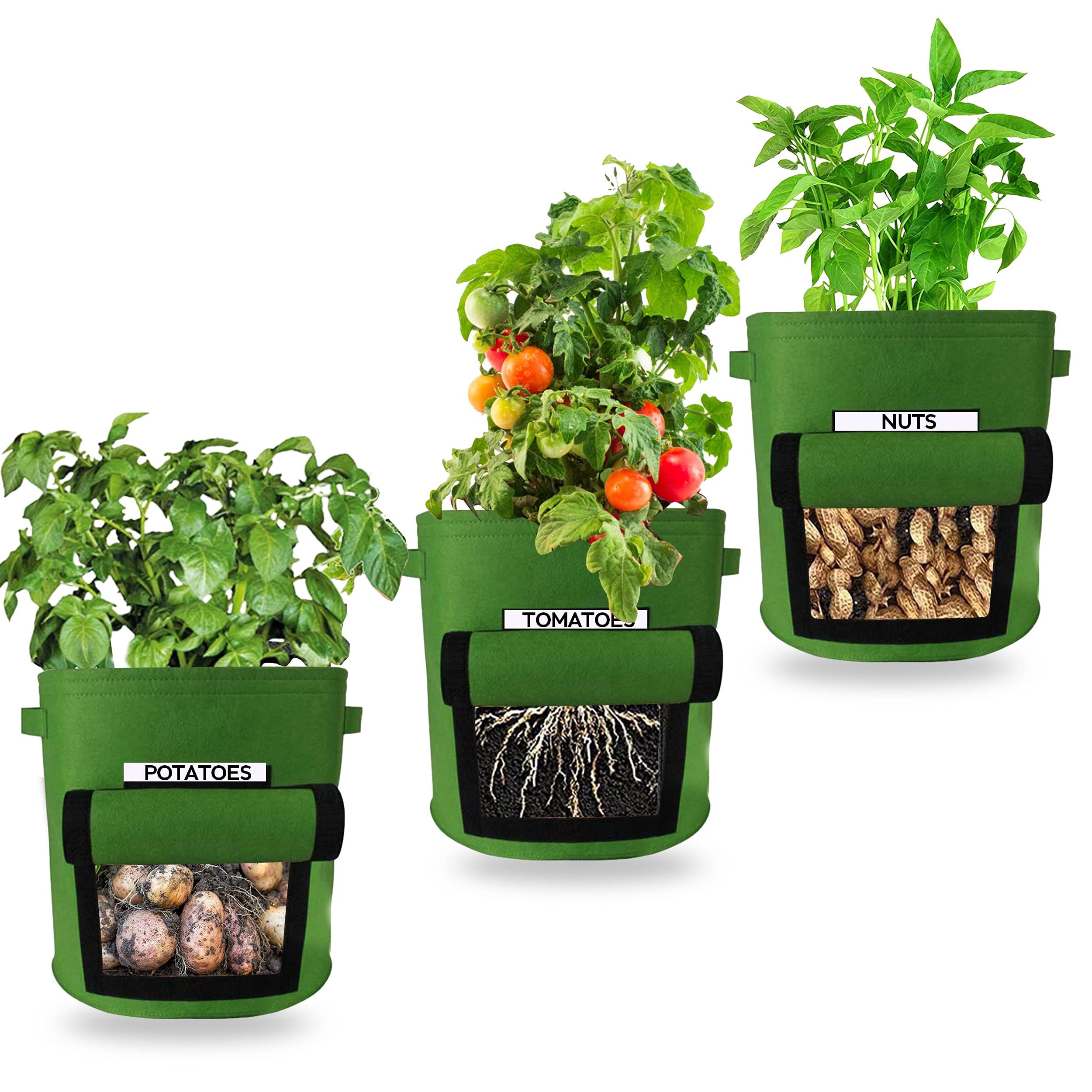 Ocean 8 Garden Pots – Breathable Non woven Fabric Garden Planters for Tomatoes, Potatoes, Carrots – 3pcs Plant Grow Bags with Access Flap, Practical Carrying Handles – 10-Gallon Garden Bags