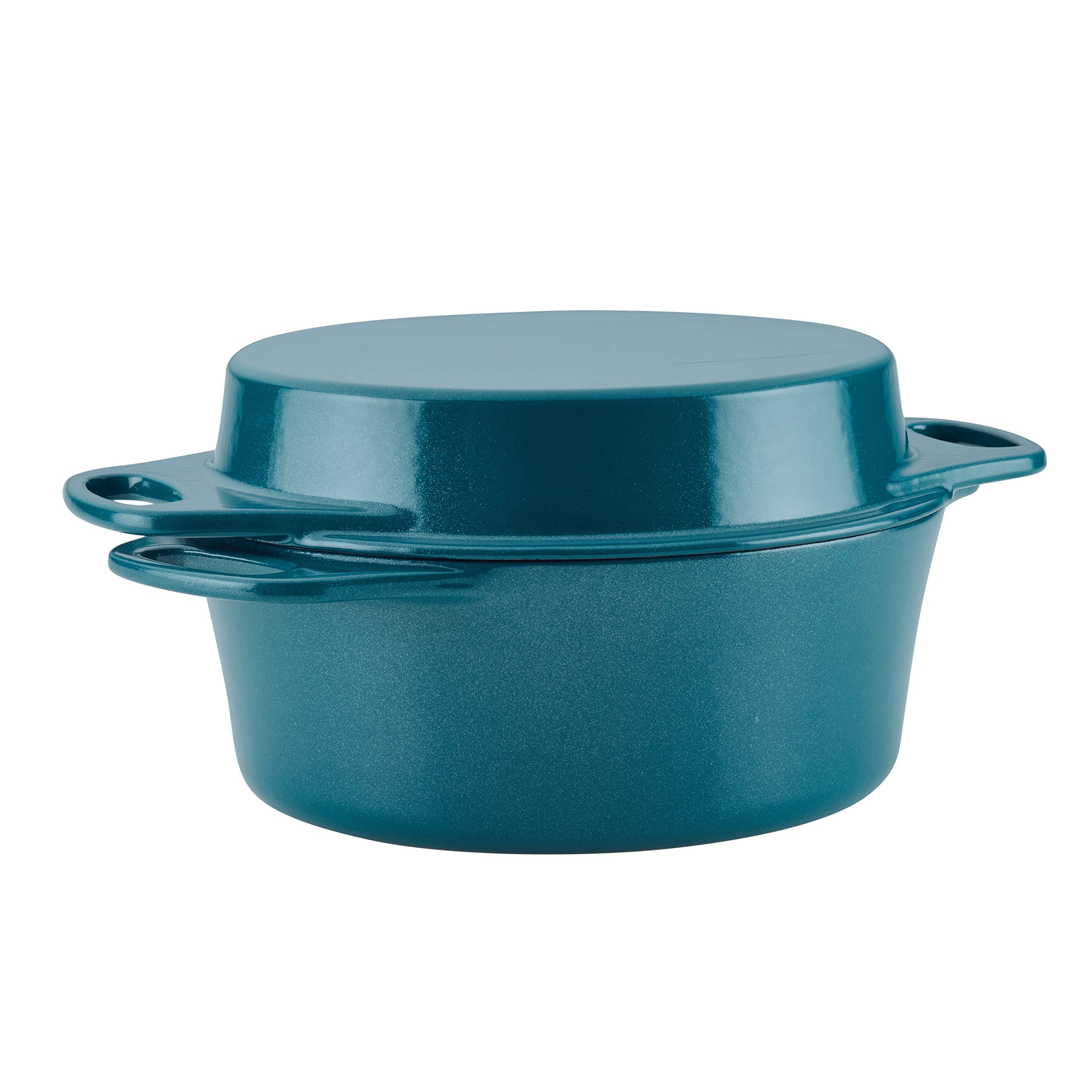 Rachael RayCast Iron Double Duty 4-Quart Casserole with 10-Inch Griddle Lid, Teal Shimmer