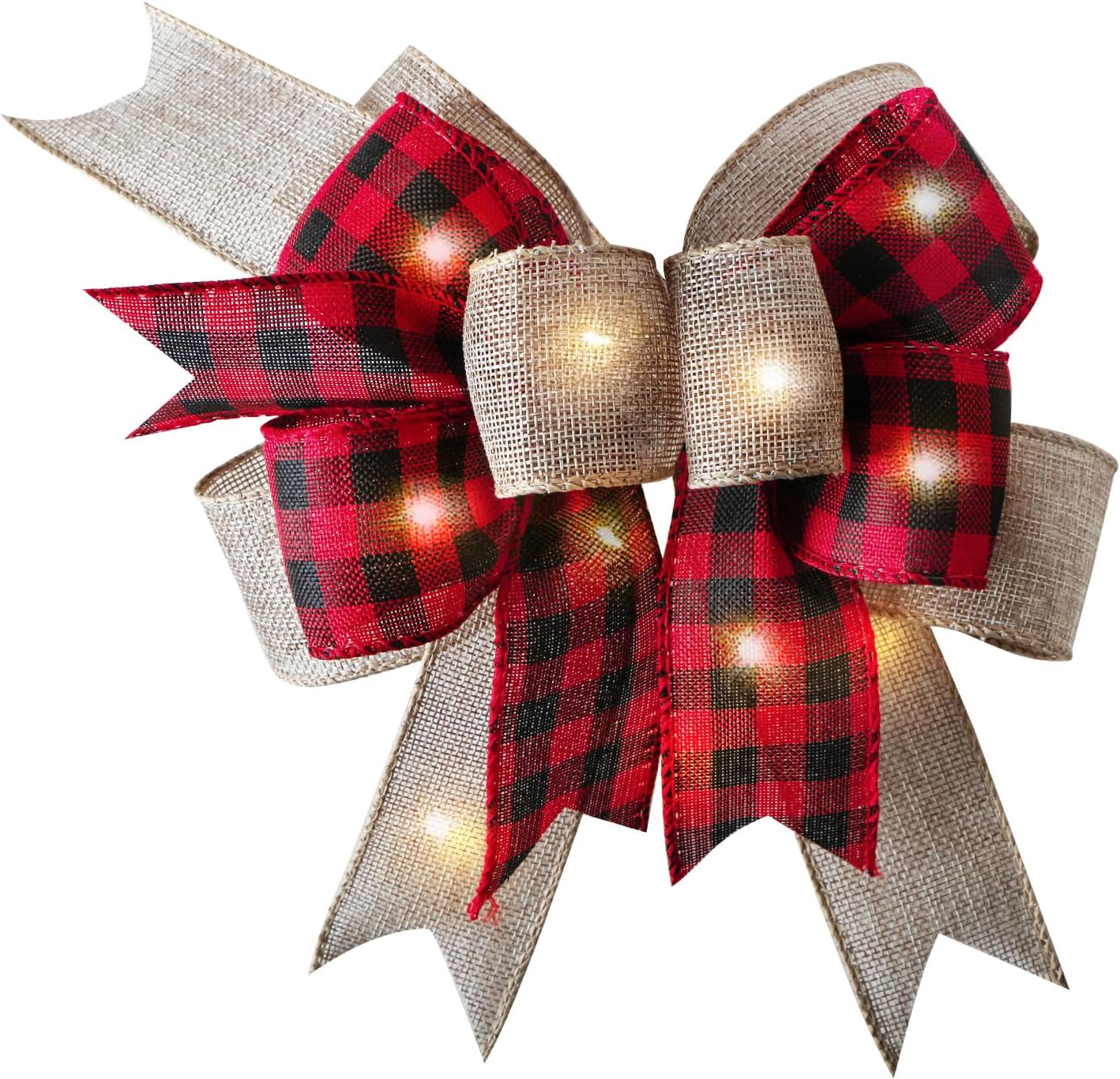 Bows & Ribbons - LED Christmas Buffalo Plaid Bow Rustic Burlap Black Red Crafts Wreath Bow with LED Lights for Holiday Decorations (9.5 x 13 inch)