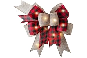 SIMISI RIBBON LED Christmas Buffalo Plaid Bow Rustic Burlap Black Red Crafts Wreath Bow with LED Lights for Holiday Decorations (9.5 x 13 inch)