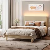 Bestier Full Size Bed Frame with Adjustable Headboard,LED Lighting,Vertical Channel Tufted Corduroy Upholstered, Solid Wooden Slats Support,No Box Spring Needed,Never Squeaks,Easy Assembly, Taupe