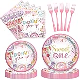 Hombae Sweet One Birthday Party Decorations – 96 PCs Donut Themed One Year Old Birthday Party Supplies with Dinner Plates, Dessert Plates, Napkins, Forks
