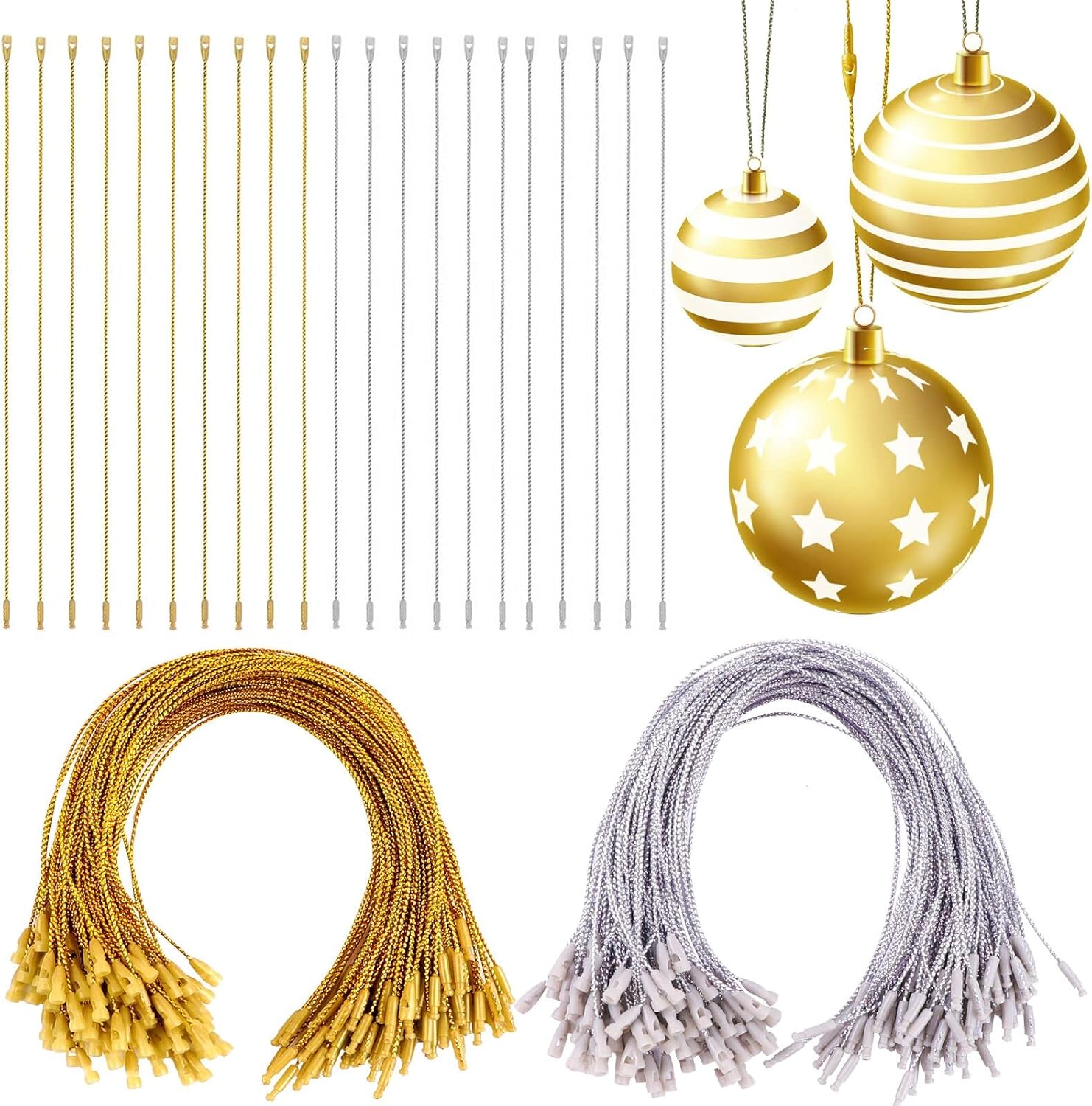 Ornament Hooks - XIMISHOP 200PCS Christmas Ornament Hangers String, Golden Sliver Christmas Ribbon Ornament Hook Ropes Hanging String Precut with Snaps Locking for Xmas Tree Ornament Decorations