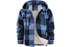 ZITY Mens Hooded Flannel Plaid Jacket Full-Zip Fleece Flannel Jacket Winter Casual Shirt Outerwear with Chest Pocket